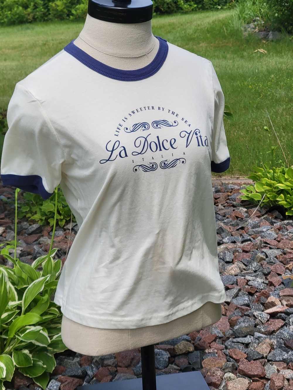 Mighty Fine Cream Short Sleeve Ringer Tee with Navy Trim XS - Picture 5 of 6